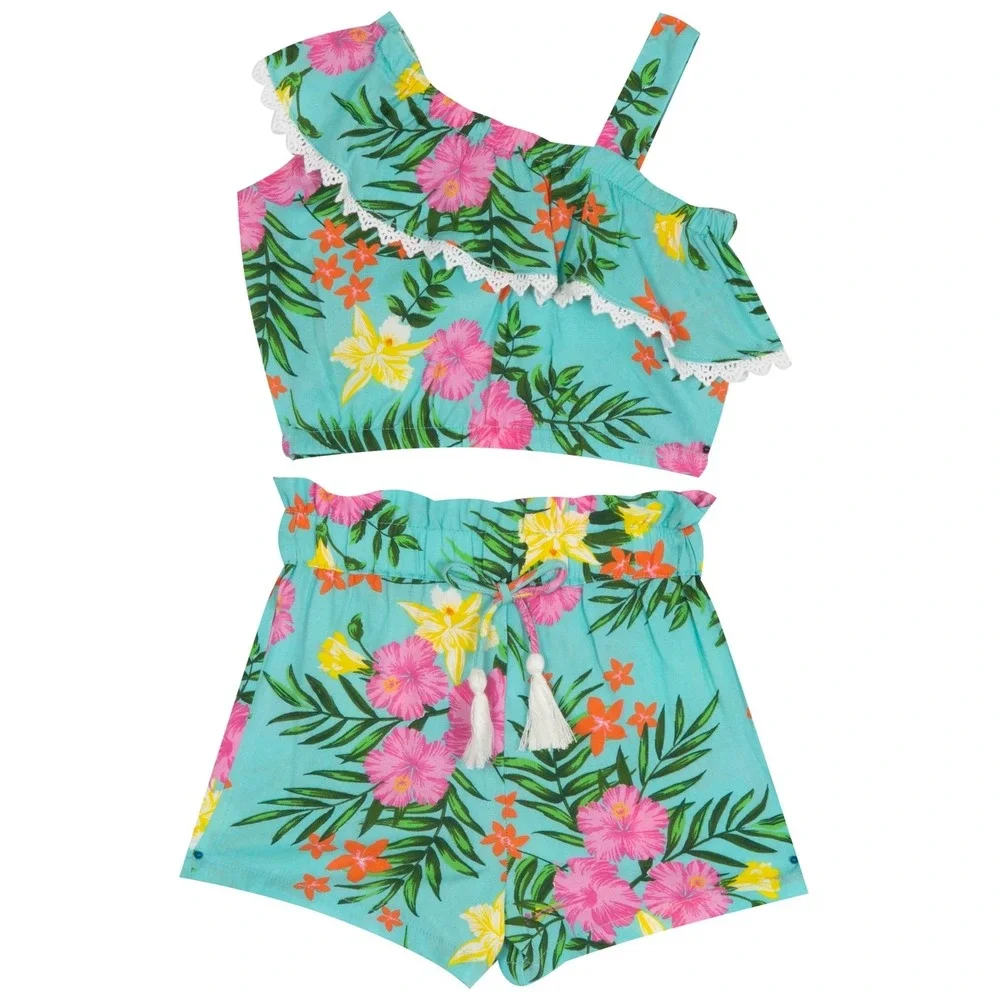 Rare Editions Baby‎ Girls Hibiscus Floral One Shoulder Top and Short Set - 3-6M